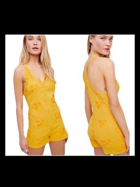 NWT Free People Troubadour Embroidered Cotton Romper Yellow Size Small